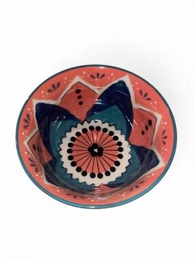 Vibrant Mid Century Meritage Hand-Painted Coral and Teal Ceramic Serving Bowl